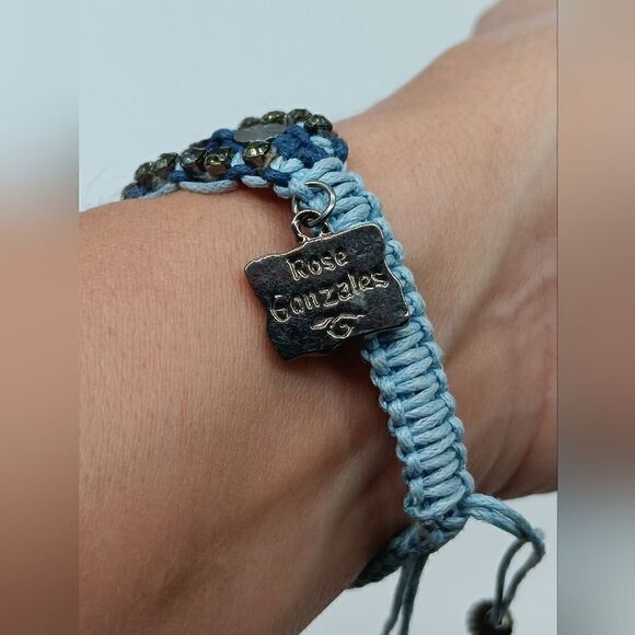 ROSE GONZALES Blue Wide Macreme String Bracelet w/Black Crystals & Silver Discs - Picture 3 of 7